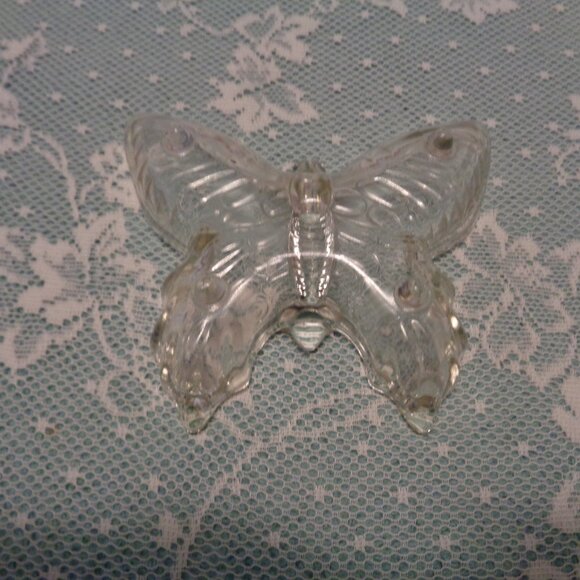 VINTAGE GLASS BUTTERFUL DISH & BLUE SATIN PIN CUSHIN - Picture 13 of 16